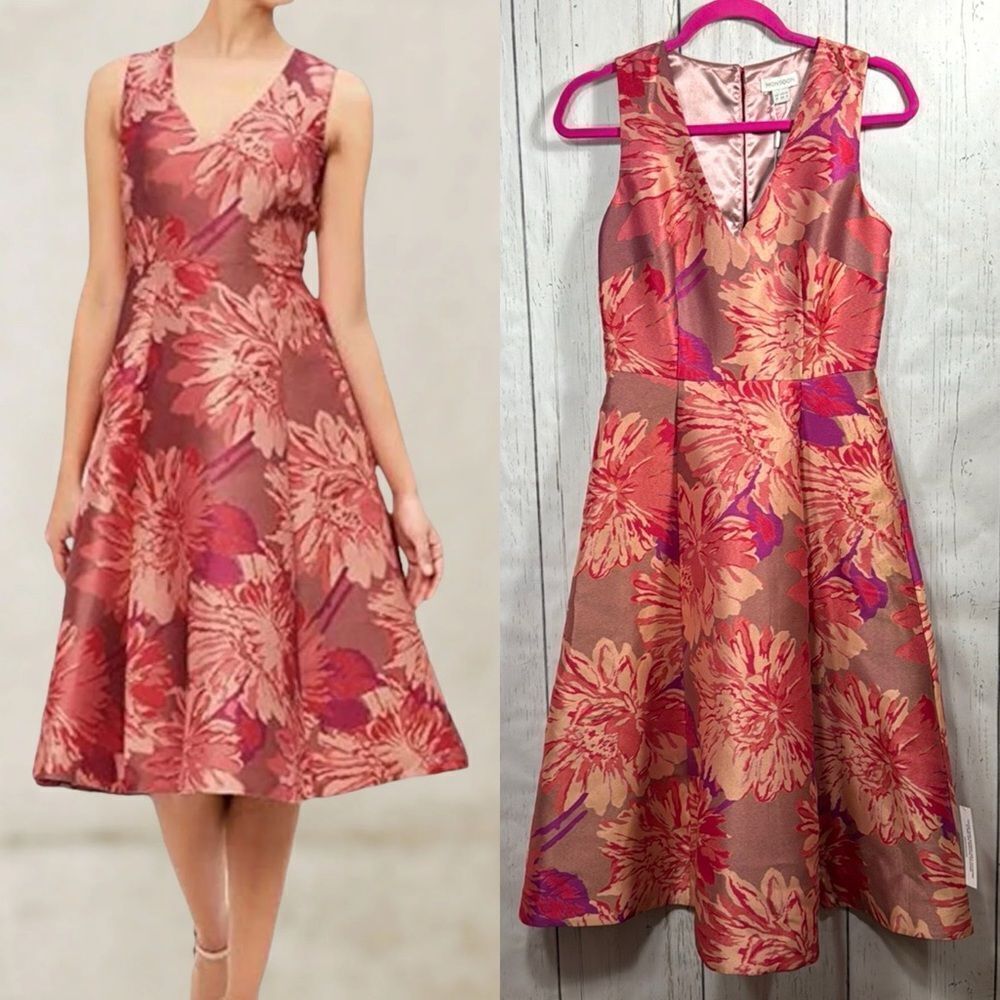Monsoon Pink Red Floral Fit & Flare Dress Satin Brocade Wedding Guest Cocktail